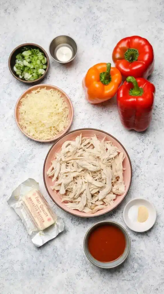 Ingredients for Stuffed Bell Peppers with Buffalo Chicken Filling arranged on a countertop