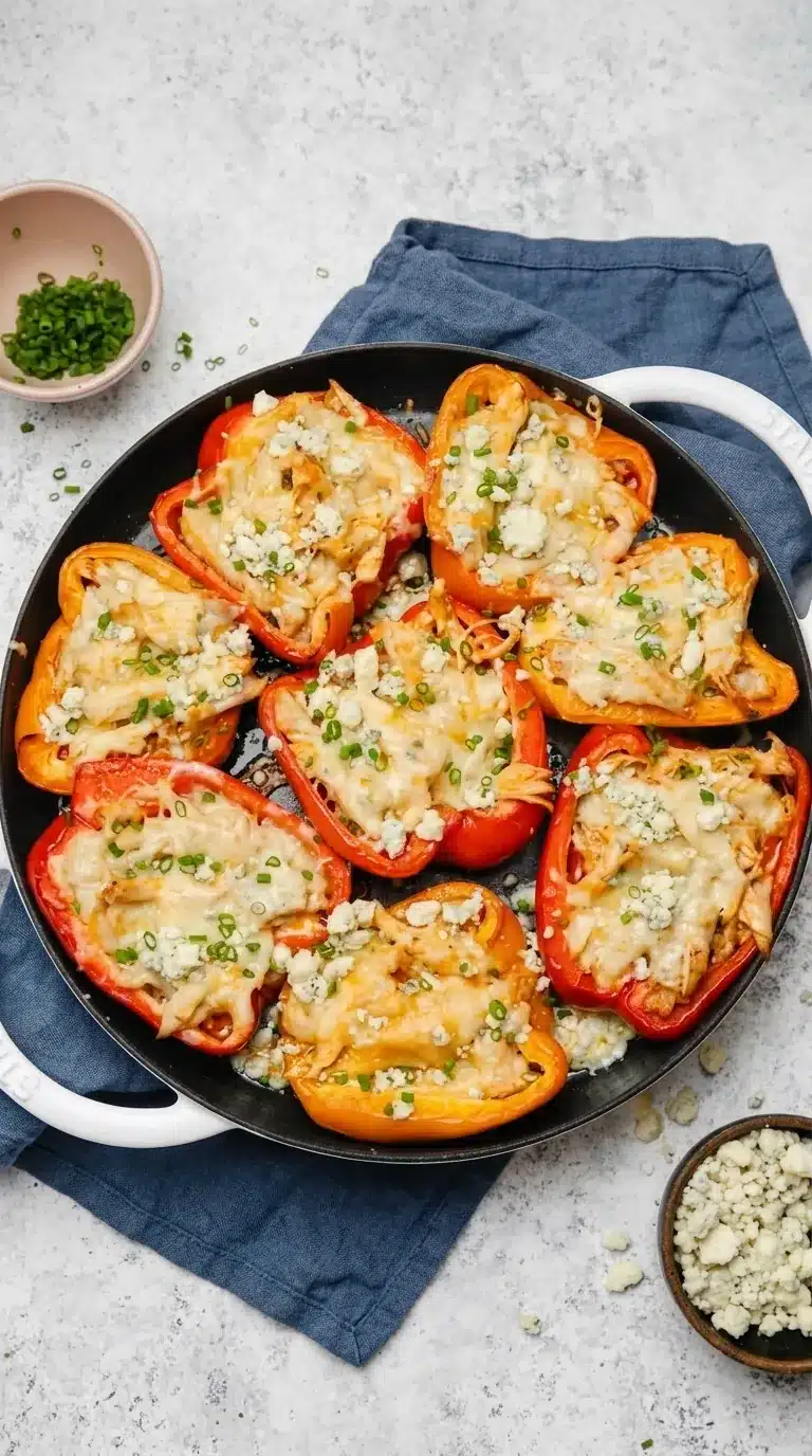 Buffalo chicken stuffed bell peppers topped with melted cheese and blue cheese crumbles