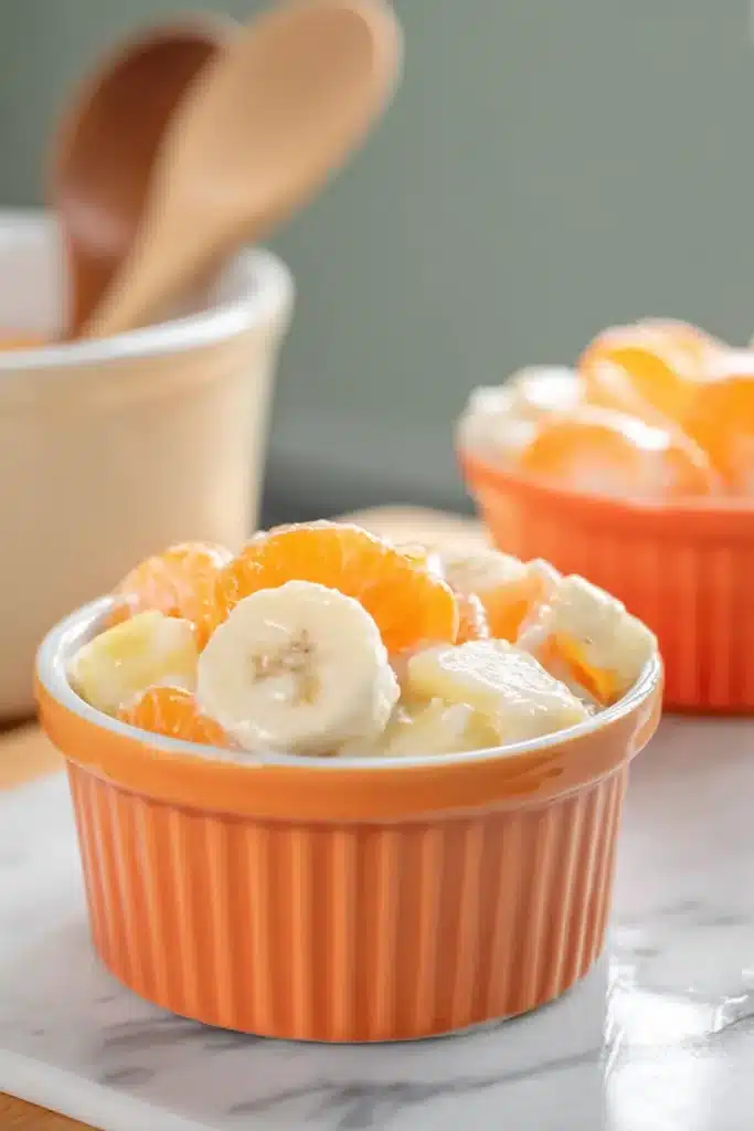 Sunshine Salad served in a ramekin with pineapple, bananas, and mandarin oranges
