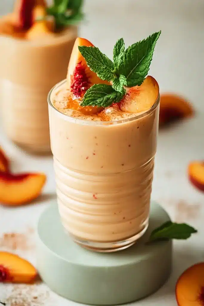 Taste Of Summer Peach Smoothie Recipe | Amazing Easy Sip 6 Taste Of Summer Peach Smoothie Recipe topped with fresh peach slices and mint