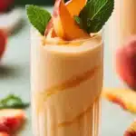 Taste Of Summer Peach Smoothie Recipe | Amazing Easy Sip 7 Creamy peach smoothie topped with fresh peach slices and mint leaves
