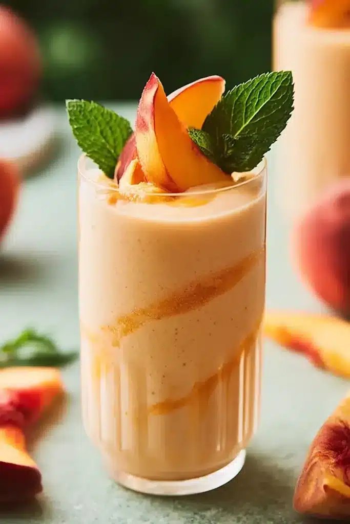 Creamy peach smoothie topped with fresh peach slices and mint leaves