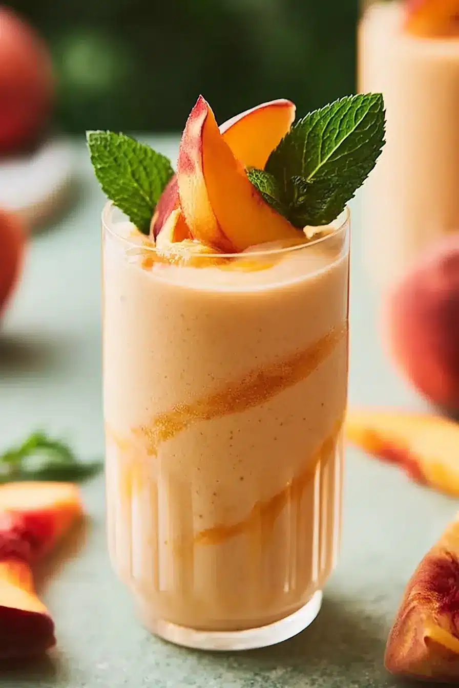 Creamy peach smoothie topped with fresh peach slices and mint leaves
