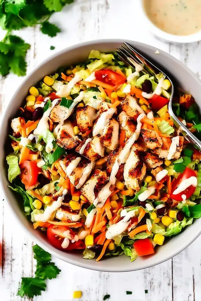 Tex-Mex Chicken Chopped Salad with grilled chicken, corn, beans and dressing