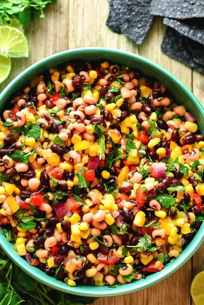 The BEST Cowboy Caviar Ever served with tortilla chips and fresh lime