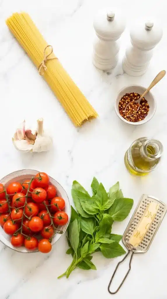 Tomato Basil Pasta Recipe | Amazing Easy Italian Dinner 6 Tomato Basil Pasta ingredients with tomatoes, basil, garlic, olive oil, and spaghetti