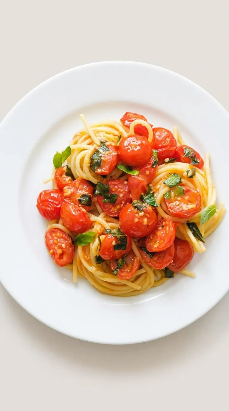 Tomato basil pasta with cherry tomatoes, fresh basil, and spaghetti in a bowl