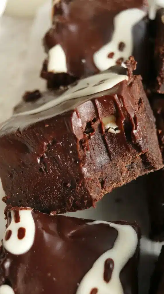 Triple Chocolate Shortbread Brownies with ghost decorations for Halloween