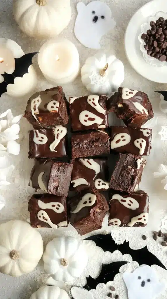 Triple Chocolate Shortbread Brownies with ganache and white chocolate ghosts