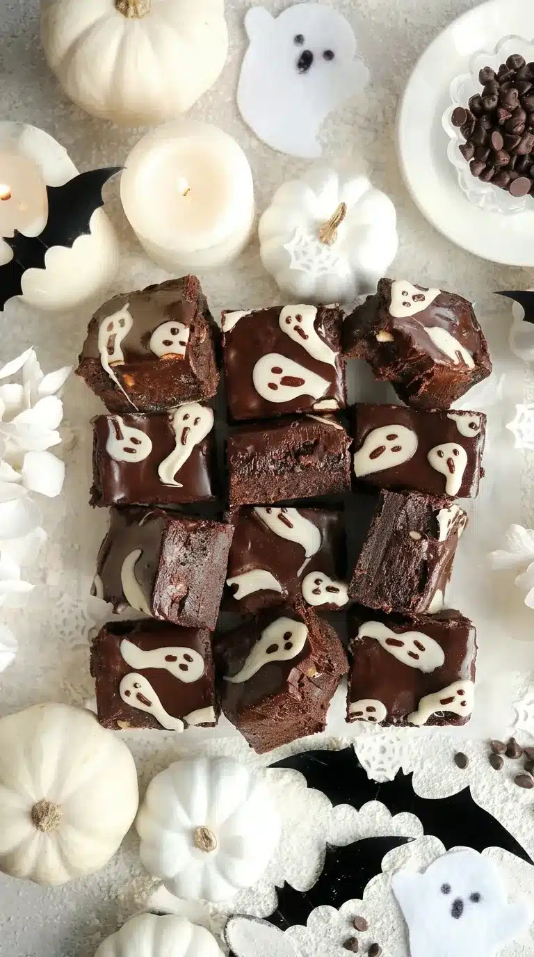 Triple Chocolate Shortbread Brownies with ganache and white chocolate ghosts