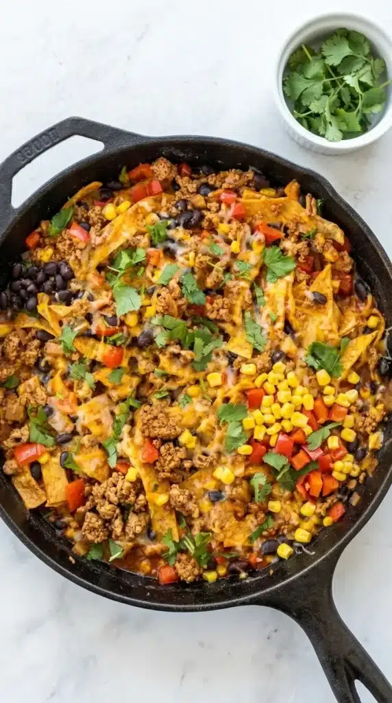 Turkey Enchilada Skillet with melted cheese, black beans, corn, and cilantro in a skillet