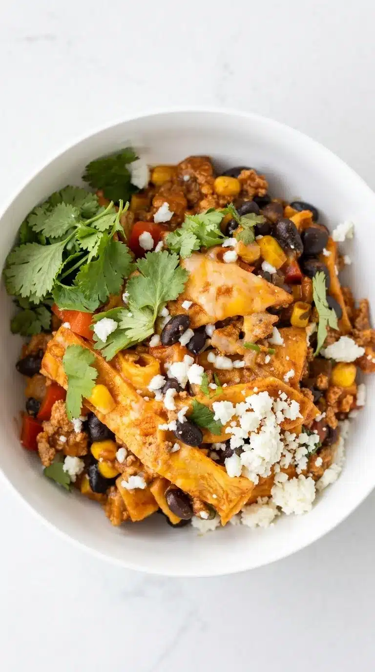 Turkey Enchilada Skillet with black beans, corn, cheese, and cilantro in a bowl