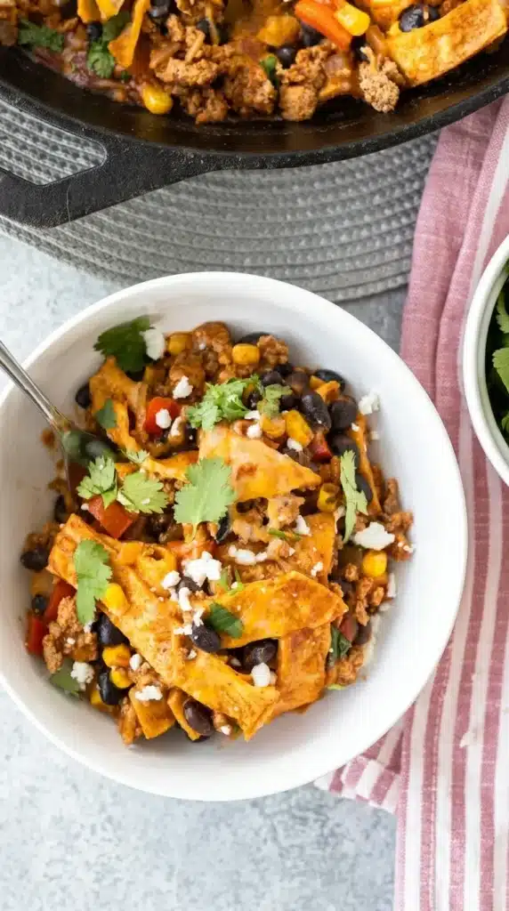 Turkey Enchilada Skillet served in a bowl with cheese, black beans, corn, and cilantro