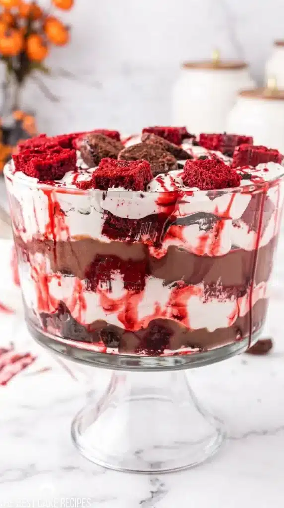 Vampire Halloween Trifle Amazing Spooky Party Treat 6 Vampire Halloween Trifle with red velvet cake, chocolate pudding, whipped cream, and spooky blood syrup
