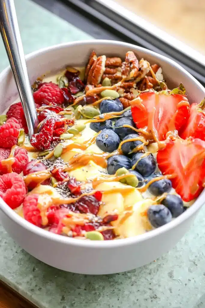 Vegan Greek Yogurt Superfood Bowl Amazing Easy Recipe 6 Vegan Greek Yogurt Superfood Bowl with berries, seeds, pecans, and almond butter