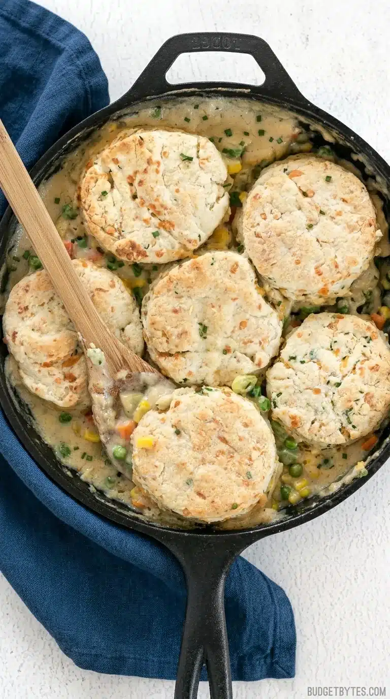 Vegetable Pot Pie Skillet with creamy vegetables and golden cheddar biscuits