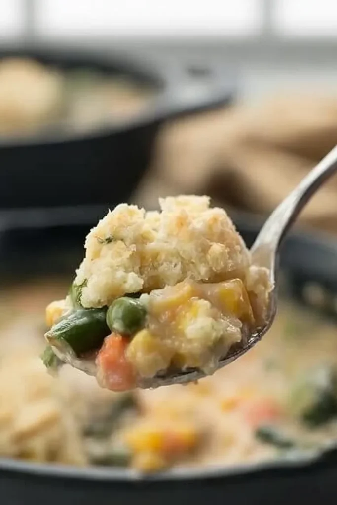 Vegetable Pot Pie Skillet Easy Amazing Family Dinner 12 Spoonful of Vegetable Pot Pie Skillet with creamy filling and cheddar biscuit