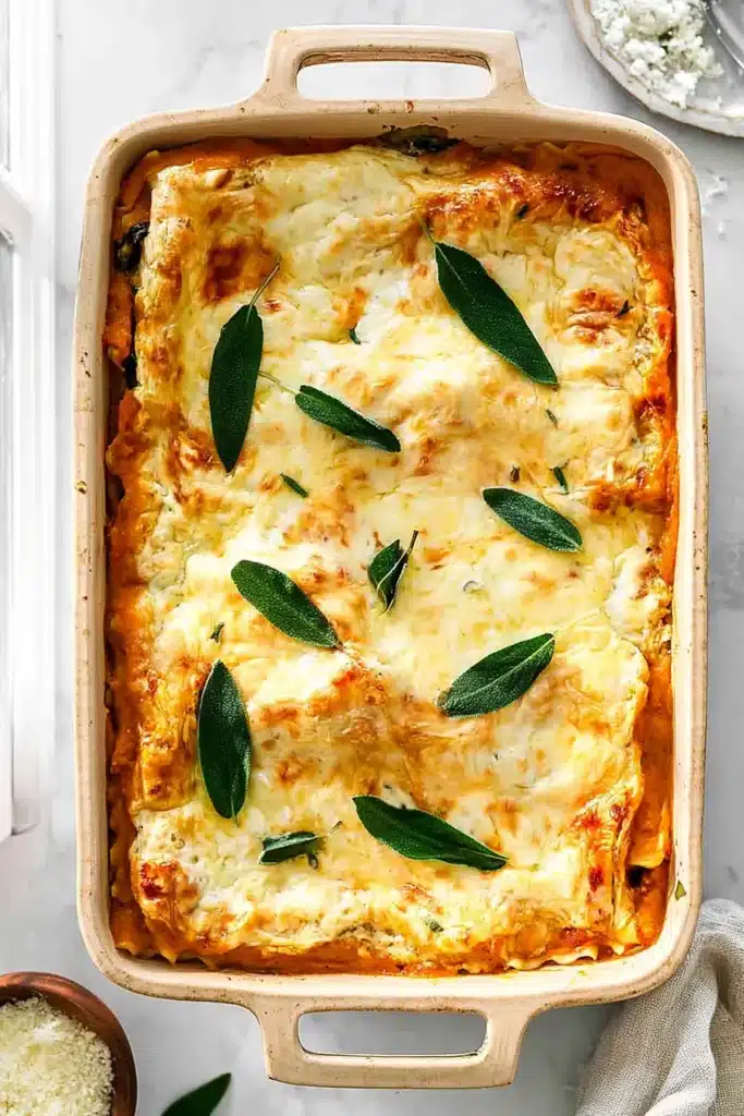 Vegetarian pumpkin spinach lasagna with melted cheese and sage