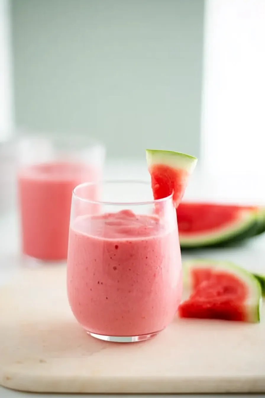 Watermelon smoothie recipe with strawberries and banana in a glass