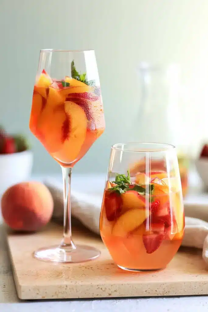 White Peach Sangria Recipe | Amazing Summer Favorite 6 White Peach Sangria served in wine and cocktail glasses with fresh peaches and strawberries