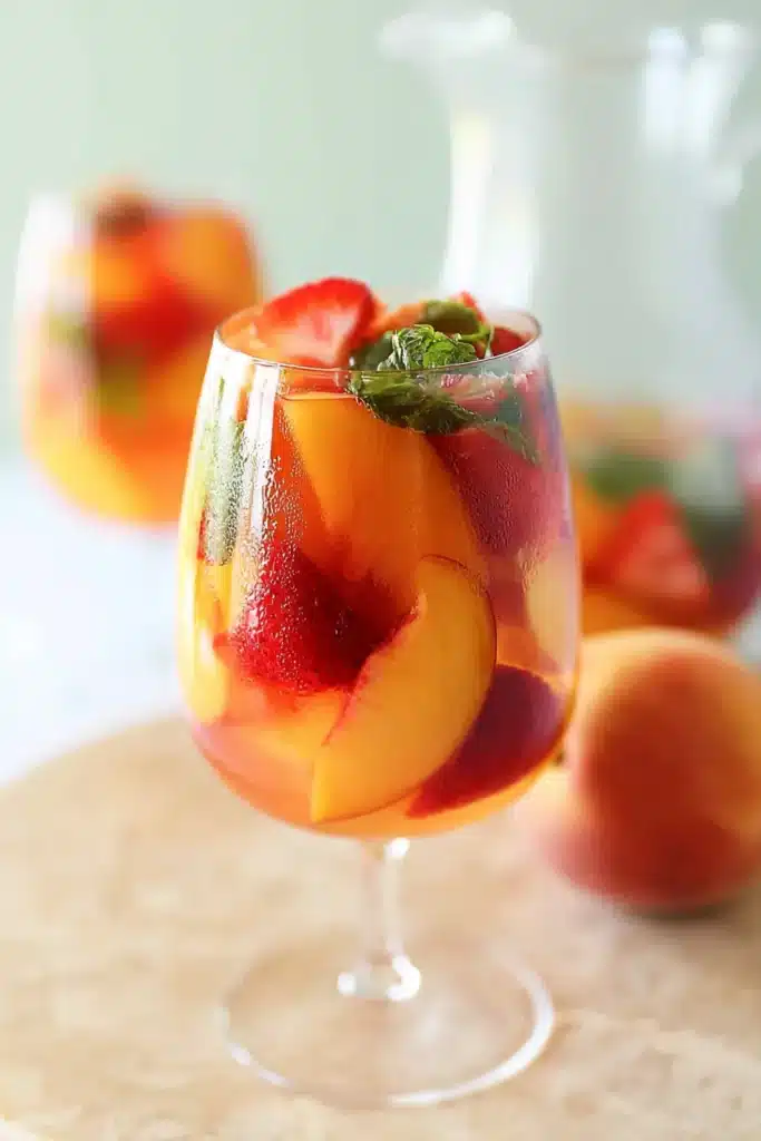White Peach Sangria Recipe | Amazing Summer Favorite 5 White Peach Sangria with fresh peaches, strawberries, and mint in a chilled wine glass