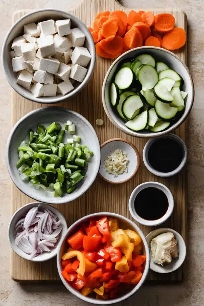 Zucchini Stir Fry With Tofu ingredients on a board