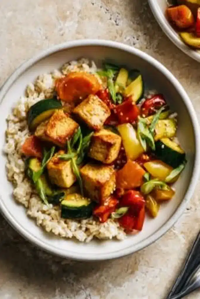 Zucchini Stir Fry With Tofu served over brown rice