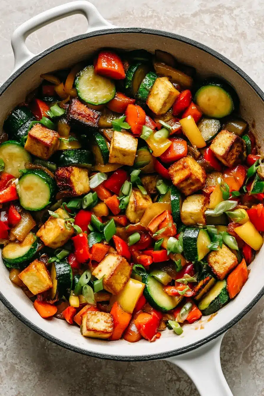 Zucchini stir fry with tofu, carrots, and bell peppers
