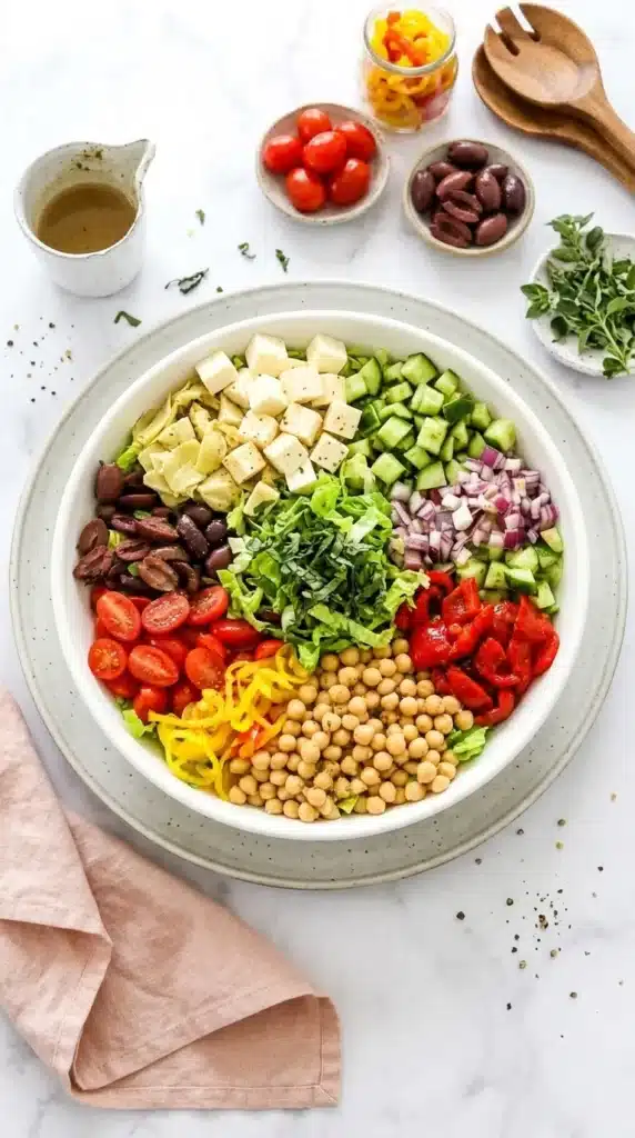 10-Minute Italian Chopped Salad with chickpeas, mozzarella, and fresh vegetables