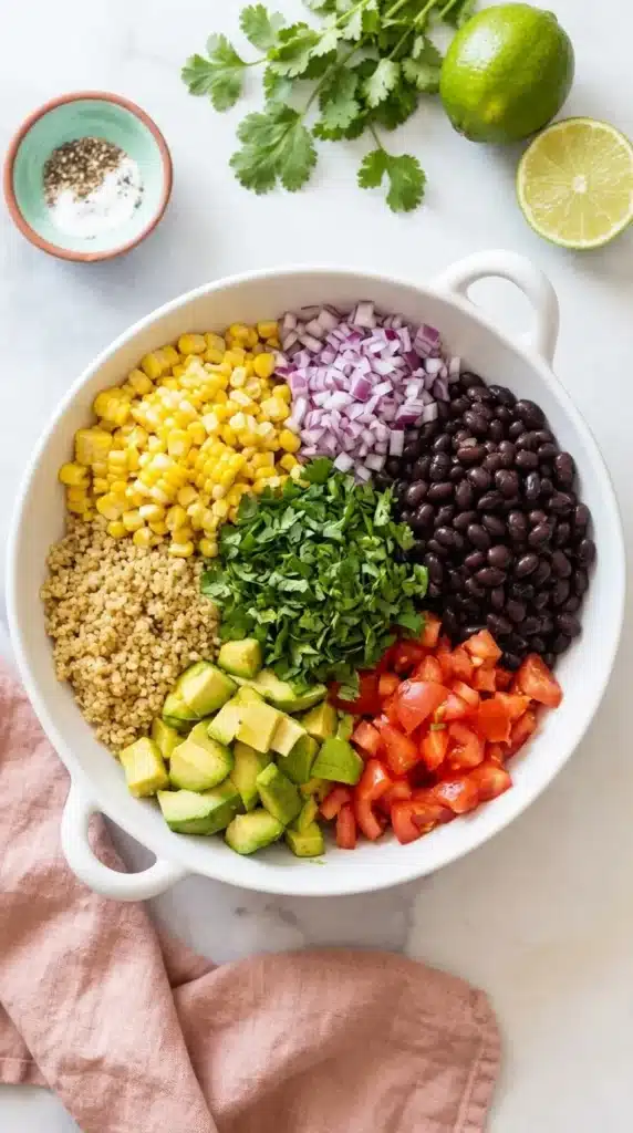 Mexican quinoa salad with black beans, avocado, corn, tomatoes, and cilantro in a serving bowl