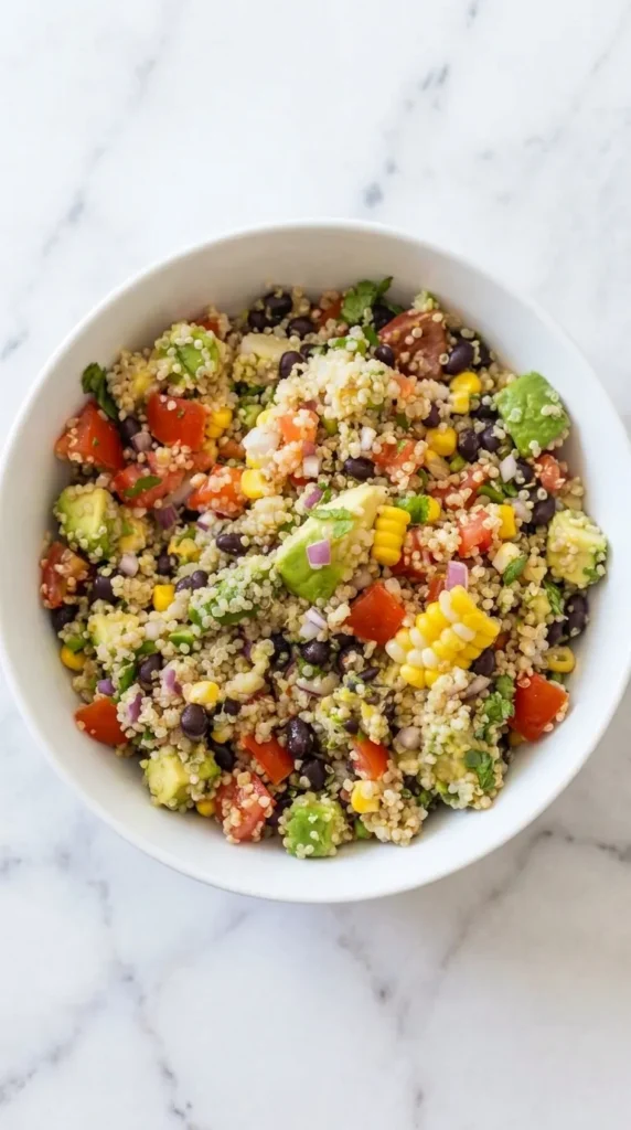 Mexican Quinoa Salad | Amazing Easy Lunch Recipe 6 Close-up of Mexican Quinoa Salad with avocado, black beans, corn, tomatoes, and quinoa