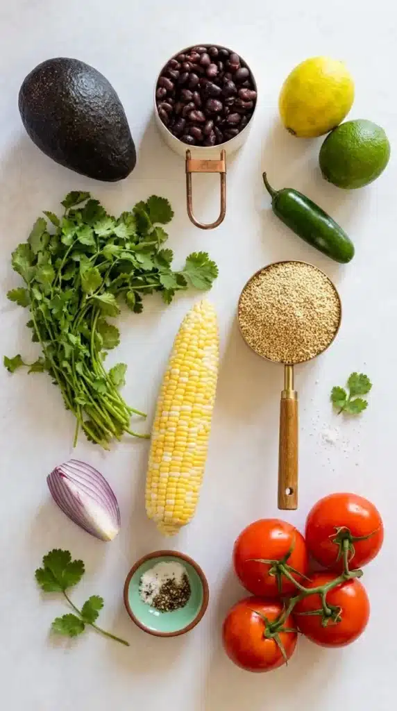 Mexican Quinoa Salad | Amazing Easy Lunch Recipe 5 Fresh ingredients for Mexican Quinoa Salad including quinoa, black beans, avocado, corn, tomatoes, and cilantro