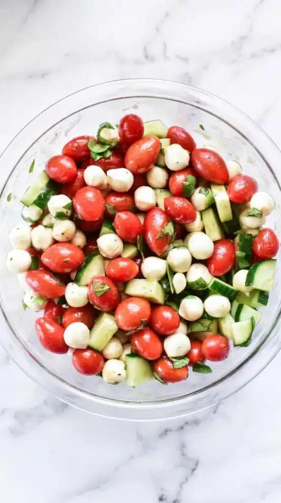 Cucumber Caprese Salad | Amazing Easy Summer Recipe 8 Balsamic vinaigrette poured over Cucumber Caprese Salad ingredients in a mixing bowl