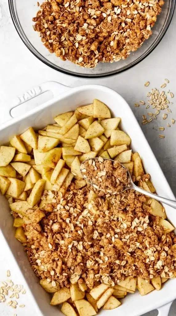 Apple Crisp Recipe | Amazing Easy Homemade Favorite 8 Apple Crisp assembled with cinnamon apples and oat topping before baking