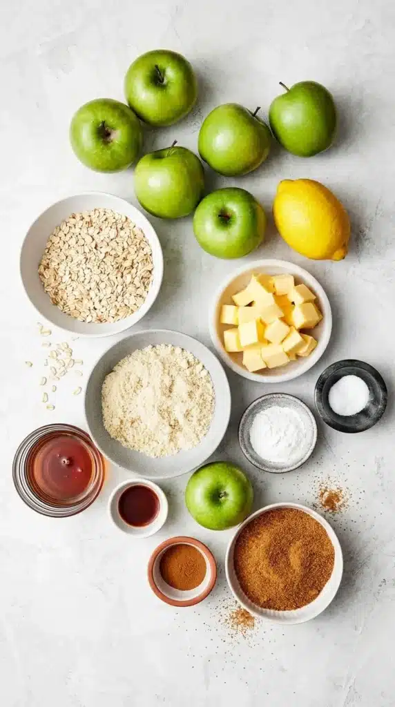 Apple Crisp Recipe | Amazing Easy Homemade Favorite 7 Apple Crisp ingredients with Granny Smith apples, oats, butter, cinnamon, and maple syrup