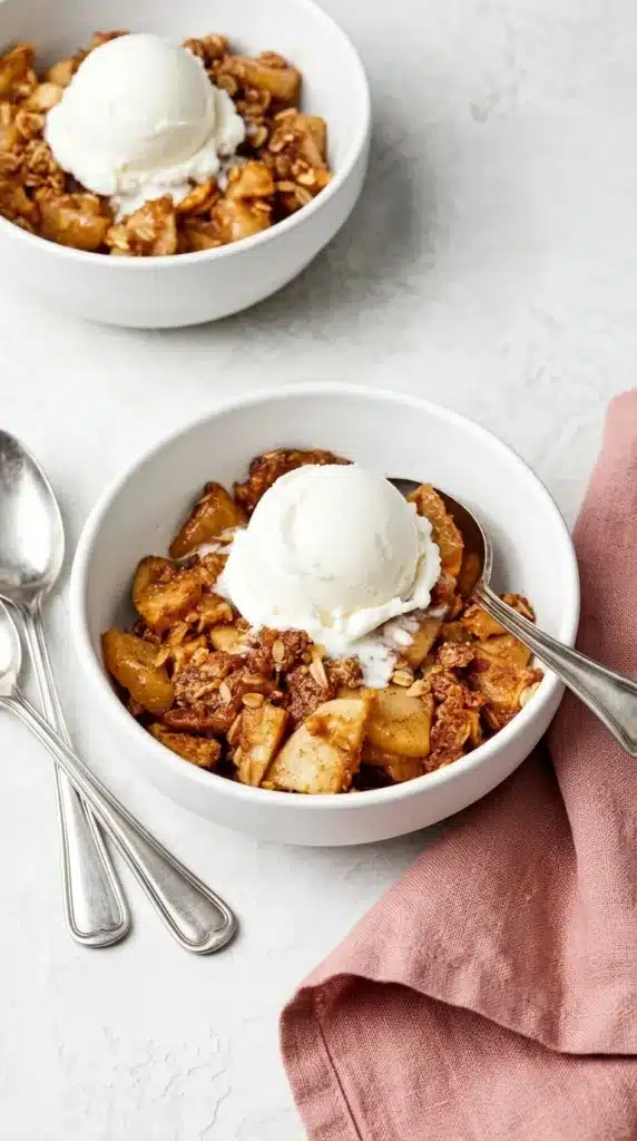 Apple Crisp Recipe | Amazing Easy Homemade Favorite 10 Apple Crisp served warm with vanilla ice cream in cream ceramic bowls