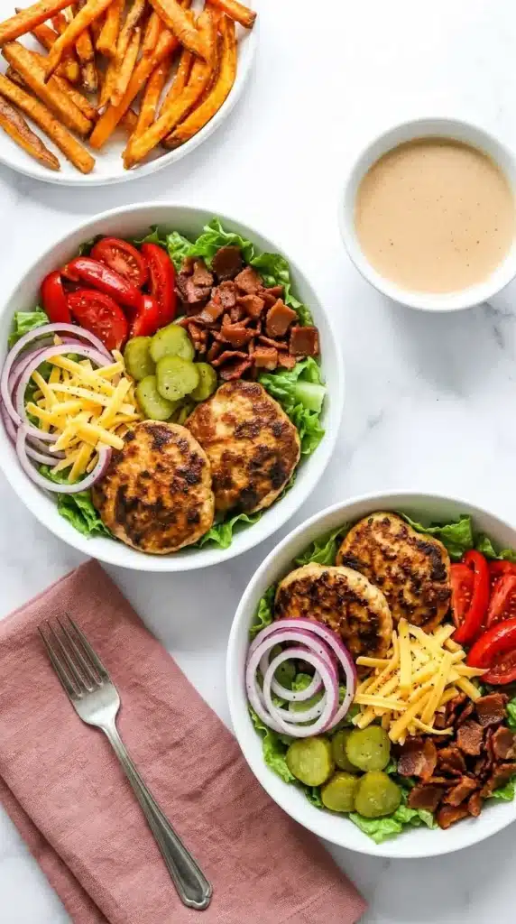 Best Healthy Burger Bowl Recipe | Amazing Easy Dinner 6 Best Healthy Burger Bowl with grilled turkey patties, lettuce, tomatoes, pickles, onion, cheese, and bacon.