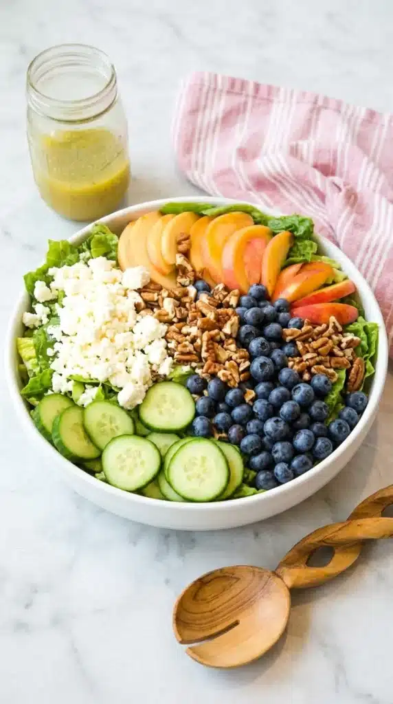 Peach Berry Summer Salad | Fresh and Easy Summer Recipe 8 Peach Berry Summer Salad assembled with peaches, blueberries, cucumber, feta, and pecans.