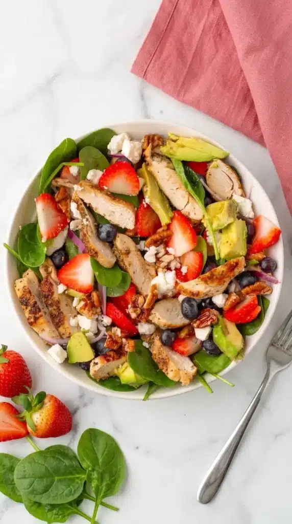 Assembled Strawberry Chicken Salad with chicken, berries, avocado, feta, and pecans
