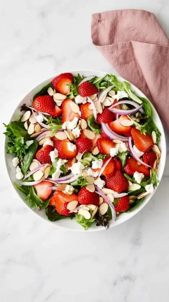 Strawberry Salad | Amazing Homemade Balsamic Recipe 8 Assembled Strawberry Salad with strawberries, goat cheese, almonds, and red onion