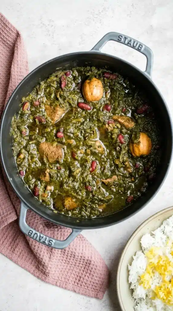Ghormeh Sabzi with beef, kidney beans, dried limes, and basmati rice