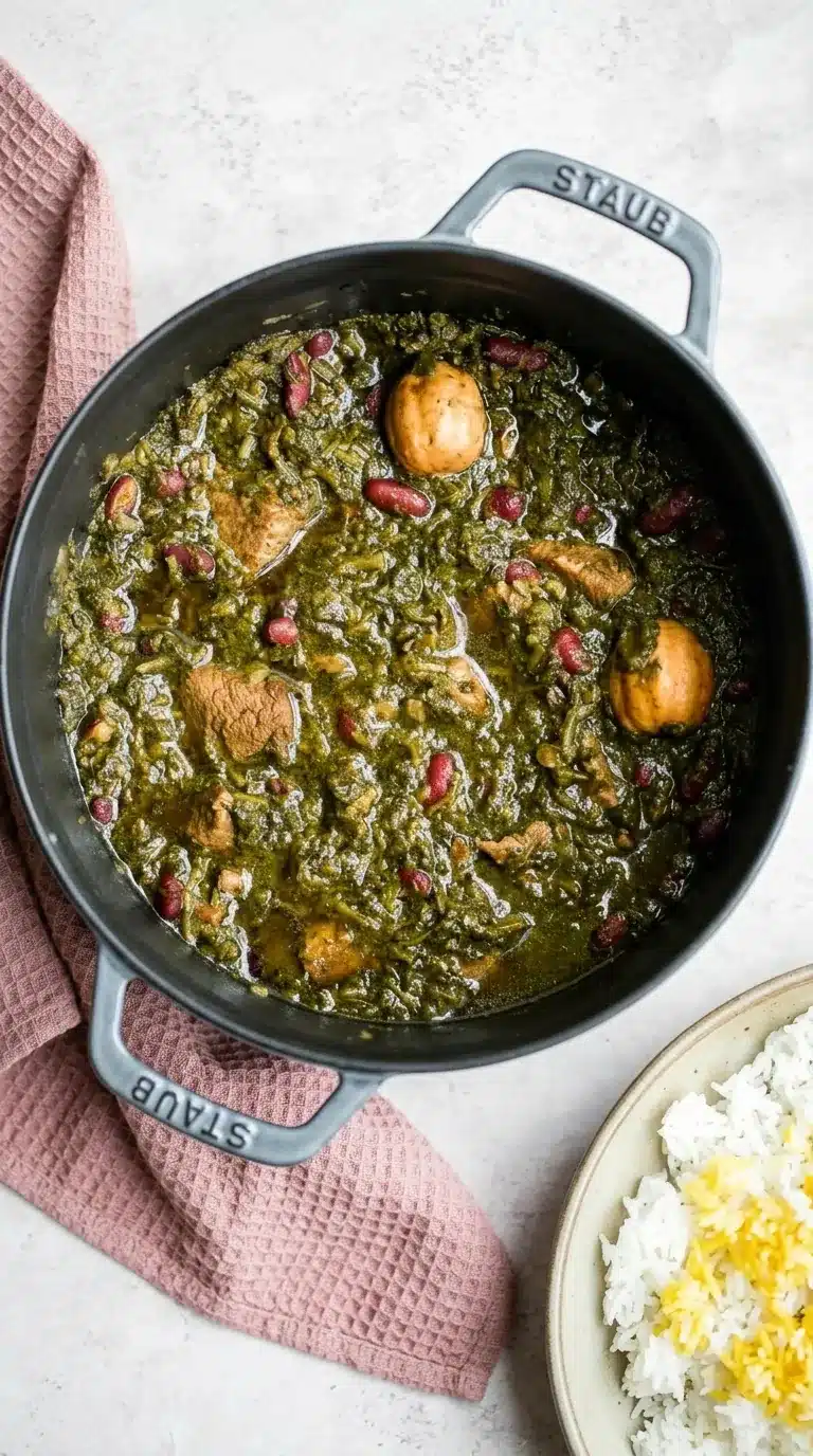 Ghormeh Sabzi with beef, kidney beans, dried limes, and basmati rice