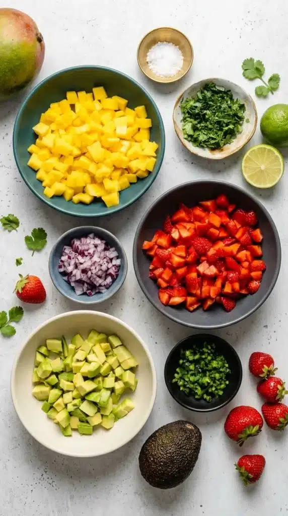 Avocado Strawberry Mango Salsa ingredients arranged in bowls on a stone countertop.