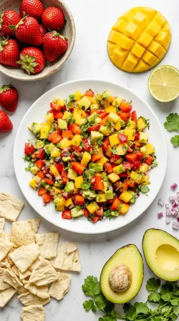 Avocado Strawberry Mango Salsa served with crispy pita chips in a rustic ceramic bowl.