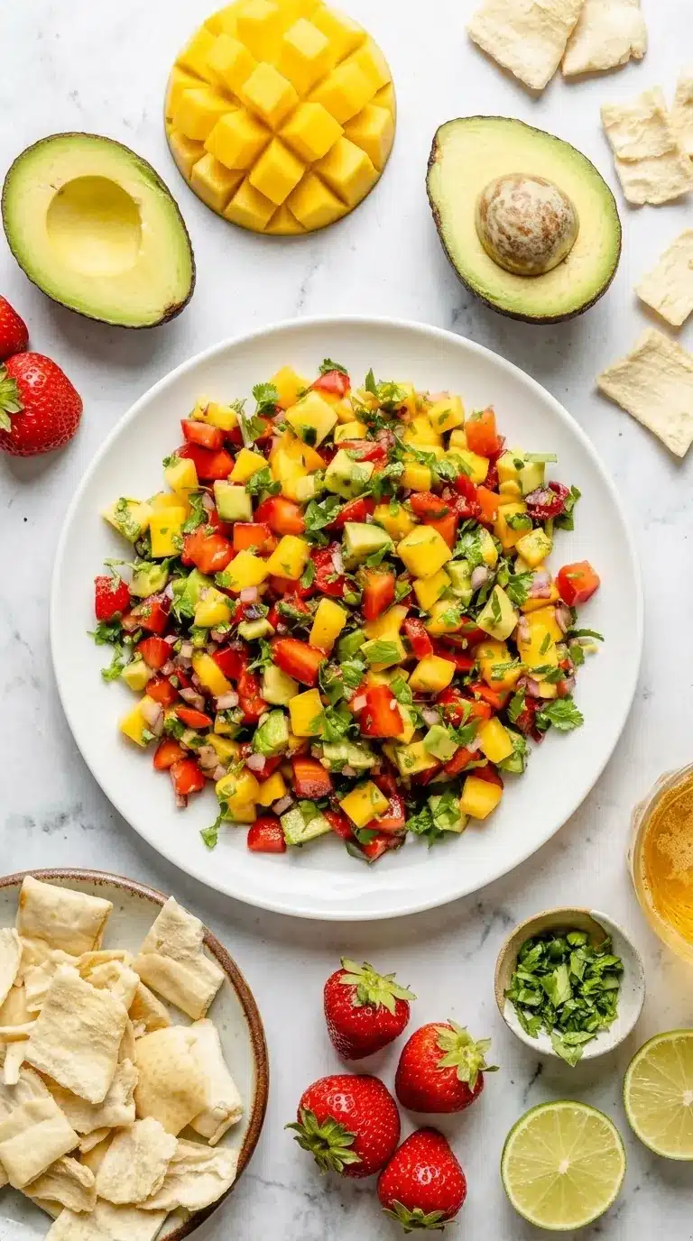 Fresh Avocado Strawberry Mango Salsa served with crispy pita chips in a ceramic bowl.