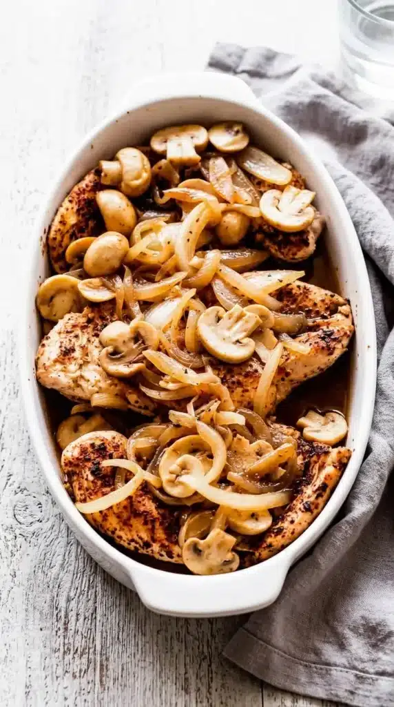 Baked Chicken with Mushrooms with seared chicken, onions, and button mushrooms