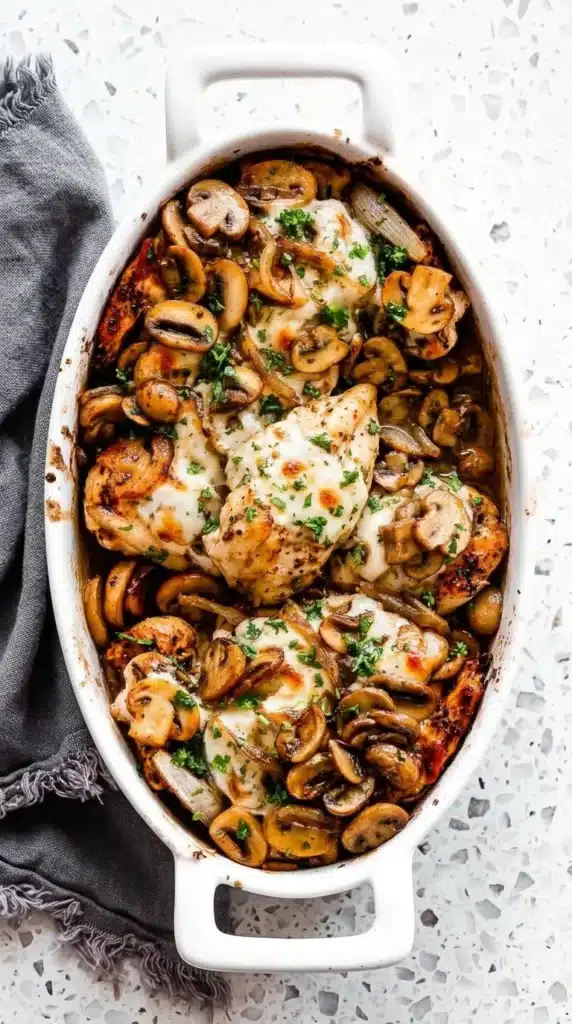 Baked Chicken with Mushrooms topped with melted mozzarella in a rustic baking dish