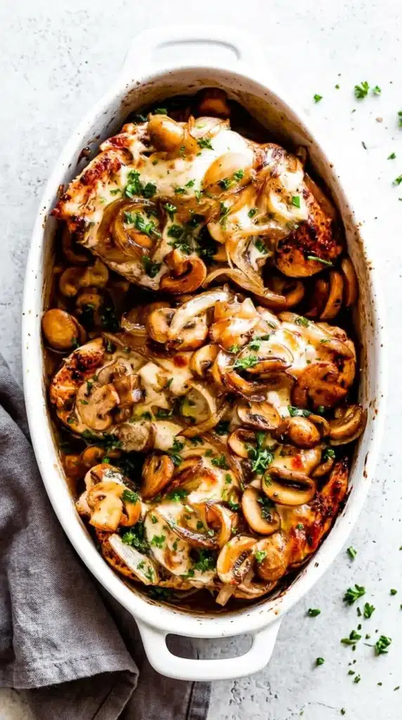 Baked Chicken with Mushrooms topped with melted mozzarella and caramelized onions