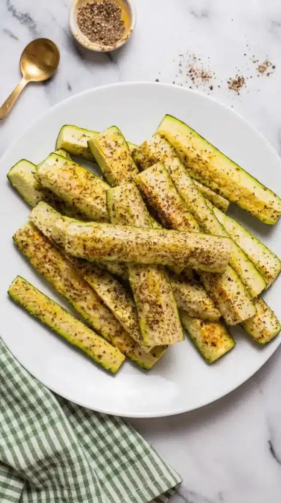 Baked Parmesan Zucchini Recipe | Easy Crispy Family Favorite 5 Baked Parmesan Zucchini Recipe with crispy herb coated zucchini spears on a ceramic plate.