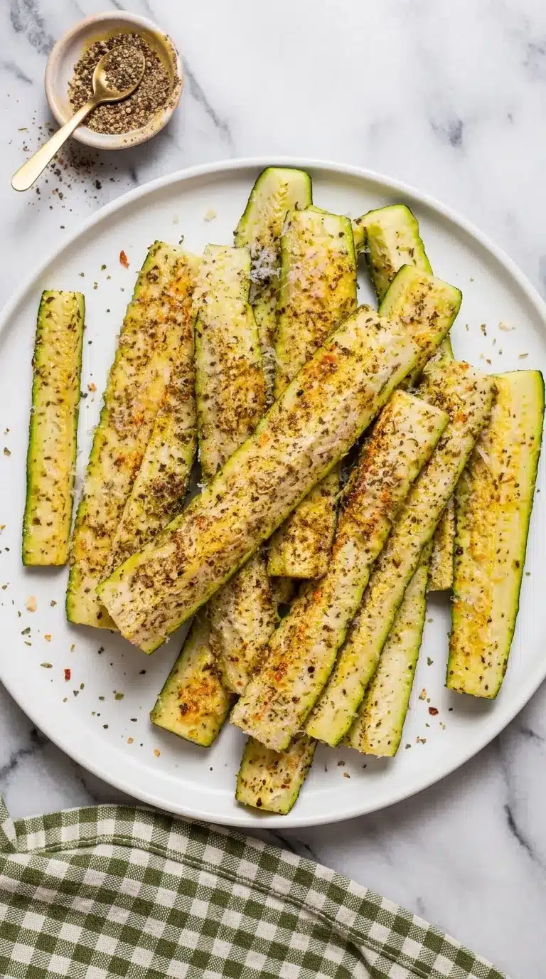 Baked Parmesan zucchini spears with crispy herb coating served on a ceramic plate.